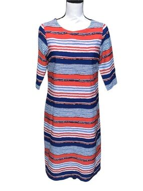 Sweet Salt Modest Clothing Striped Sheath Midi Dress Short Sleeve Lined
